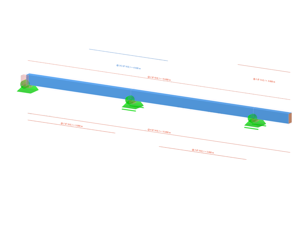 A continuous reinforced concrete beam, displayed in a structural analysis, shows the distribution of forces.