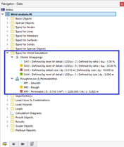 An interface view of RFEM 6 displaying the navigator with various settings types for wind simulation analysis.