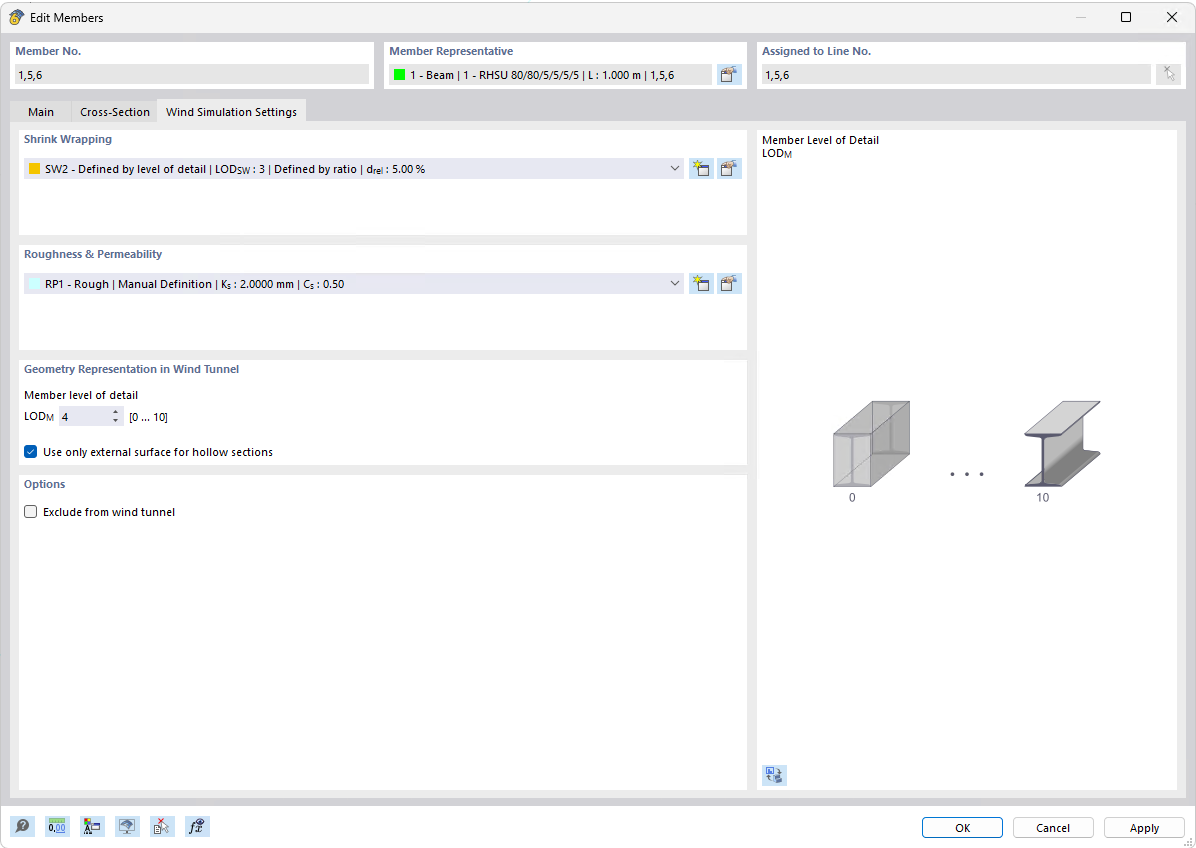 Specific wind simulation settings tab in Edit member dialog
