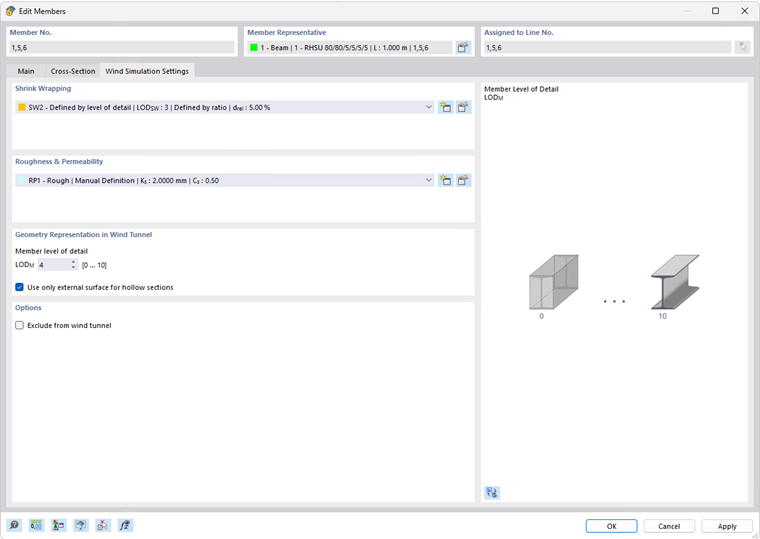 Specific wind simulation settings tab in Edit member dialog