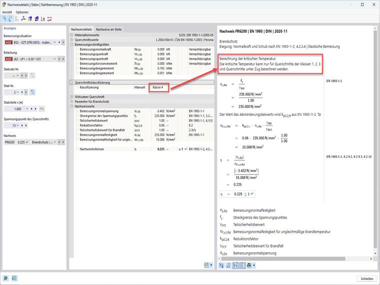 The image shows the check of the cross-section class before the calculation of the critical component temperature in the Steel Design add-on for RFEM 6, Fire Resistance Configuration.