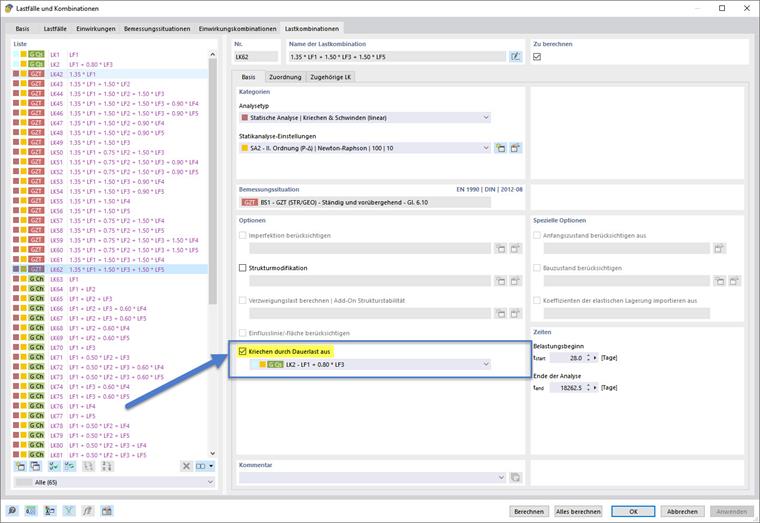 Option of linear creep: “Creep caused by permanent load from”