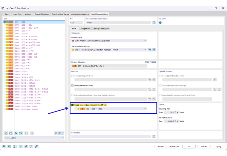 Option of linear creep: “Creep caused by permanent load from”