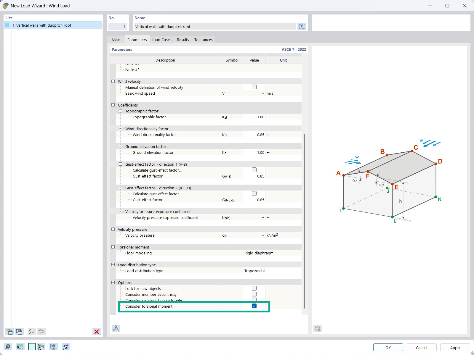 Display of the generation of a torsional moment around the building axis according to ASCE standard in the wind load wizard.
