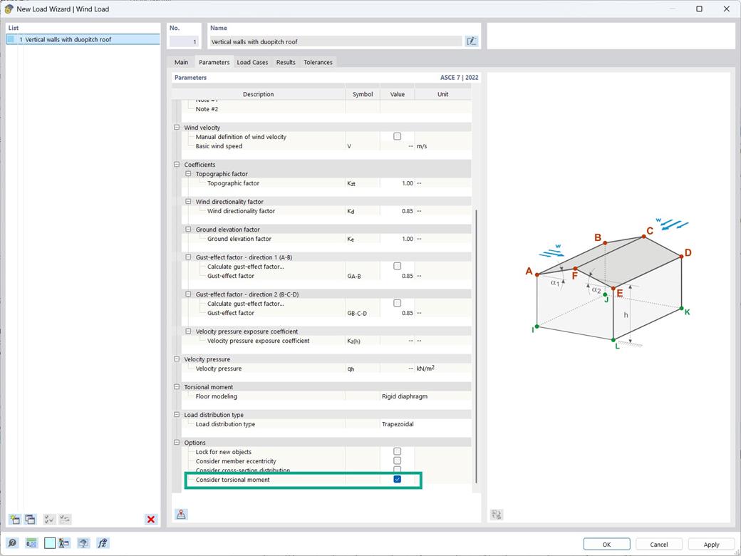 Display of the generation of a torsional moment around the building axis according to ASCE standard in the wind load wizard.