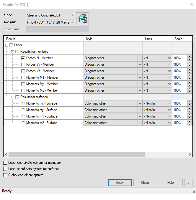 Visualization of the result variables of members and surfaces in a structure, displayed in different color gradations.