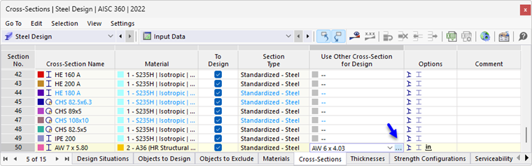 Using different cross-section for design