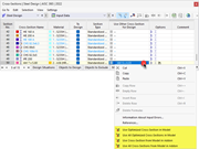 Shortcut menu with options for the export or import of a cross-section