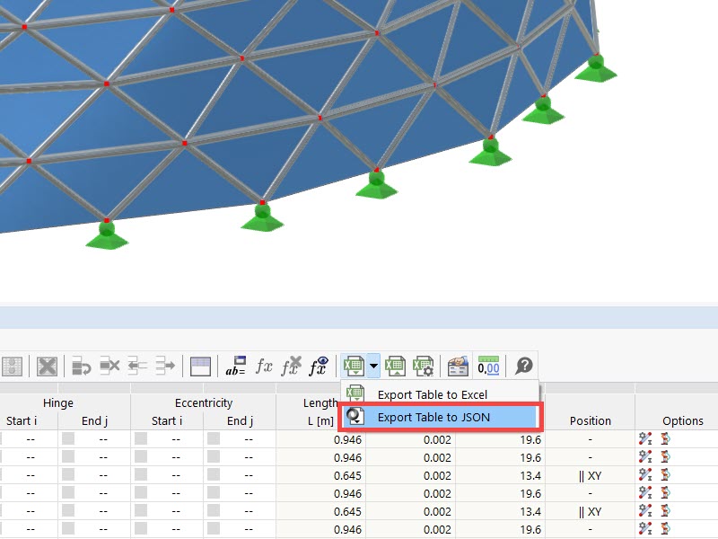 Tables exported in JSON format show structured data organization.
