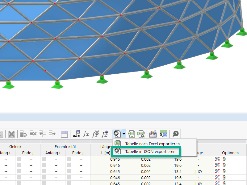 Tables exported in JSON format show structured data organization.