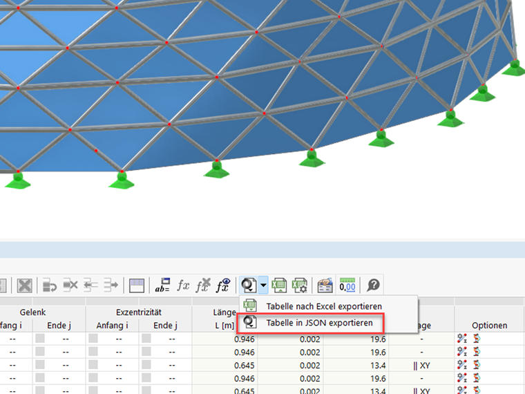Software interface displaying JSON export feature for data tables in engineering applications.