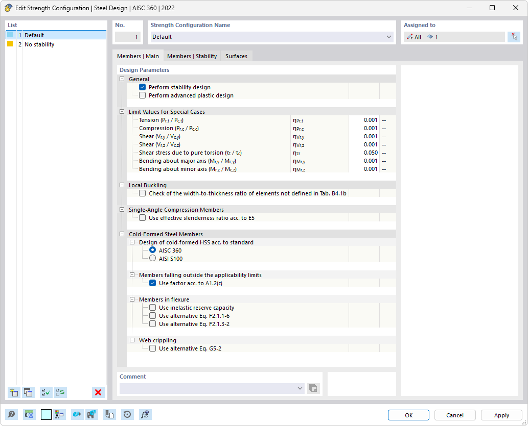 Dialog Box "Edit Strength Configuration" for Steel Design According to AISC 360