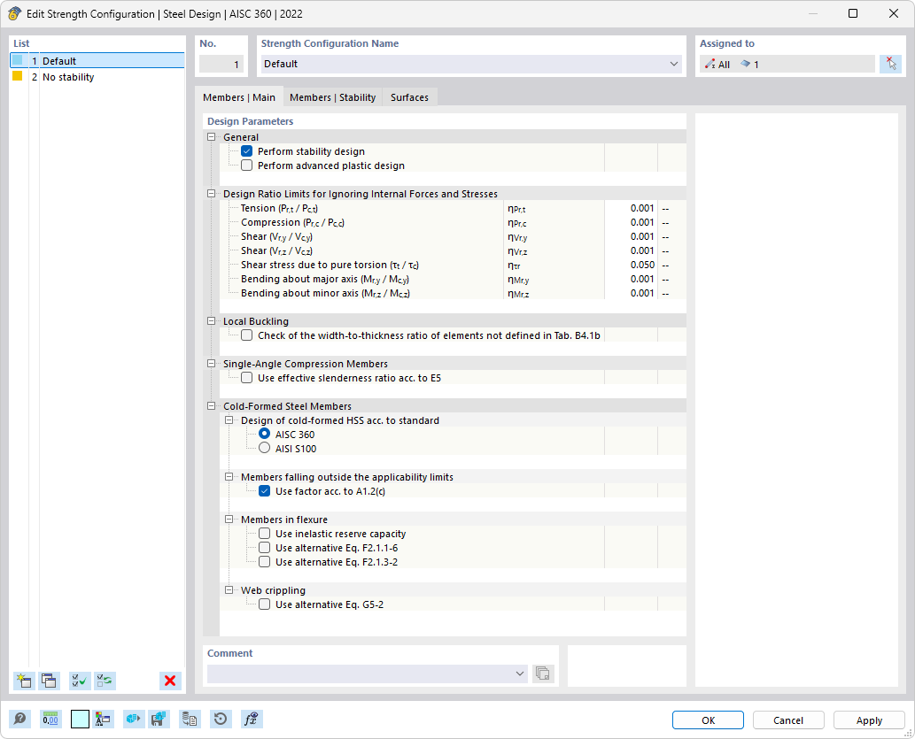 Dialog Box "Edit Strength Configuration" for Steel Design According to AISC 360