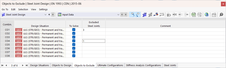 Table "Objects to Exclude" for Steel Design