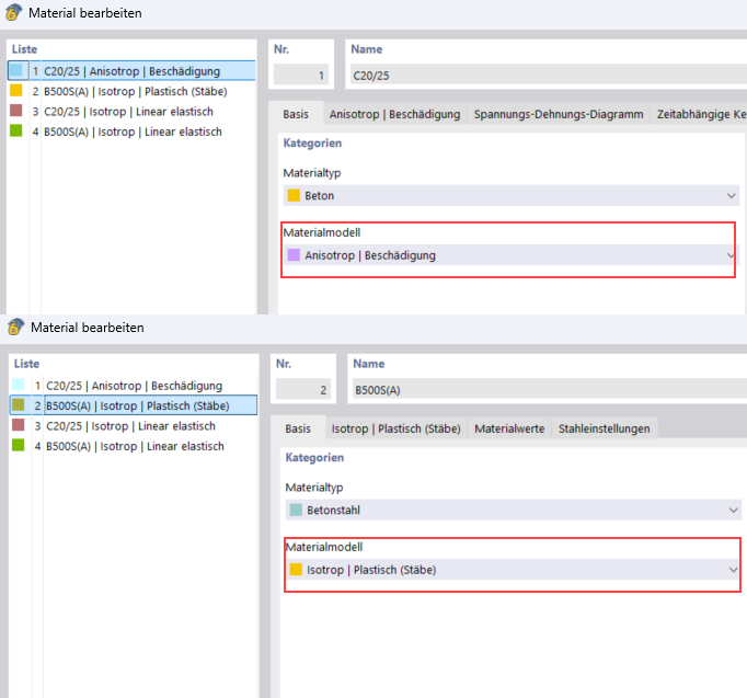 Material definitions for concrete C20/25 and reinforcing steel B500S(A). Nonlinear material models selected.