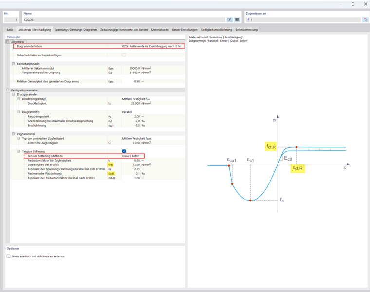 Deformation analysis using the anisotropic damage model with the “SLS Mean Values for Deflection” diagram.