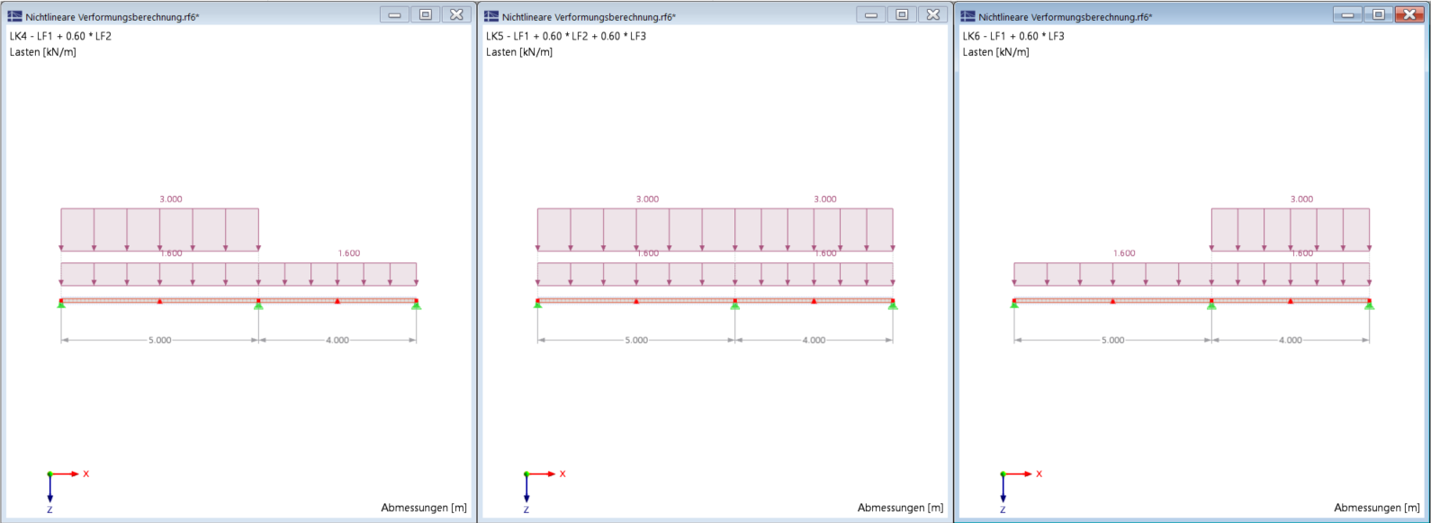Display of the load on two spans, with constant and variable loads according to load cases, each 5 kN/m live load
