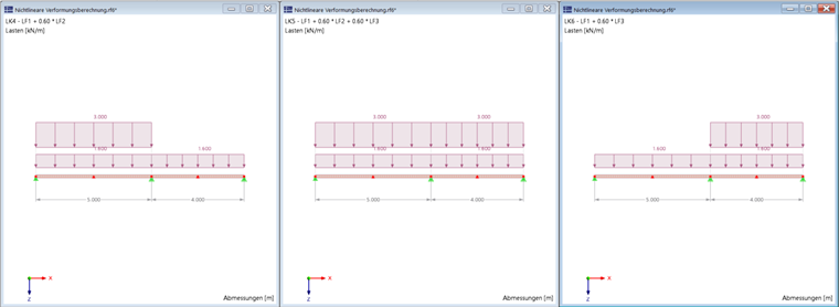 Display of the load on two spans, with constant and variable loads according to load cases, each 5 kN/m live load