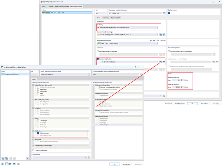 Settings for structural analysis with creep, linear modification, concrete strains multiplied