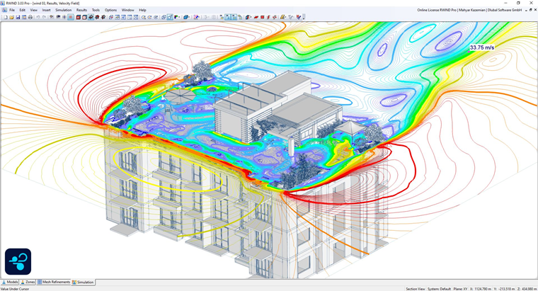 Velocity Field Isolines of Wind Flow Over Rooftop Equipment in RWIND