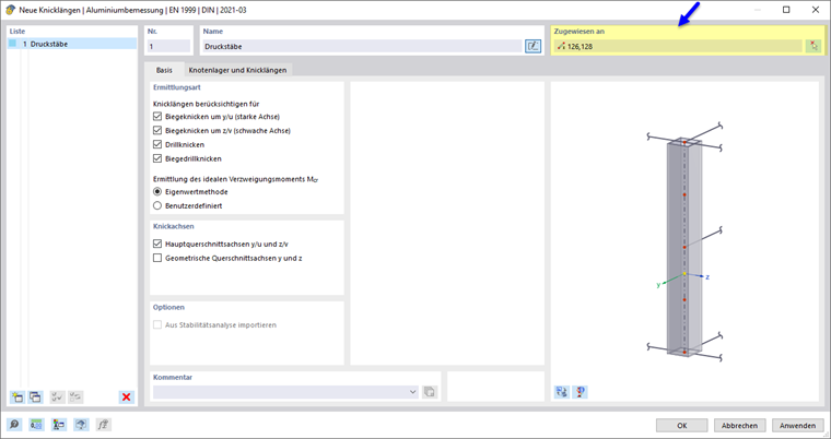 Effective Lengths – Assigning Type in Dialog Box "Effective Length"
