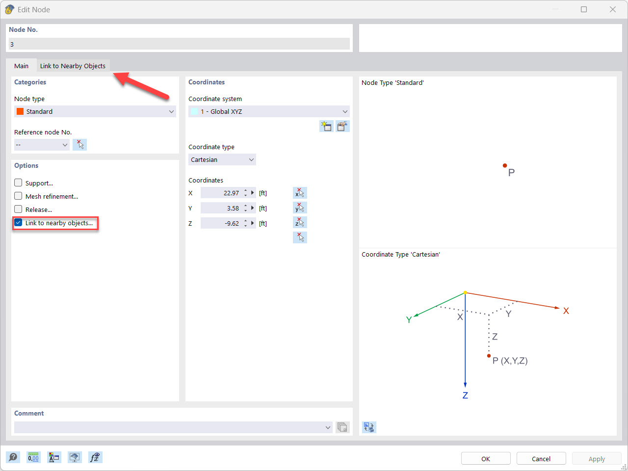 The selection box for linking to nearby objects is selected when editing a node.
