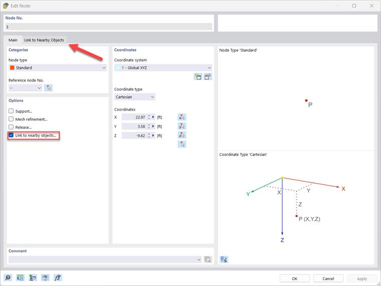 The selection box for linking to nearby objects is selected when editing a node.
