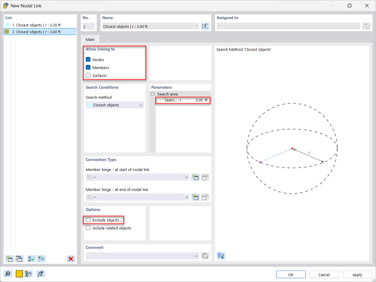 Adjusting the nodal link with options for modifying and adapting in a structural model.