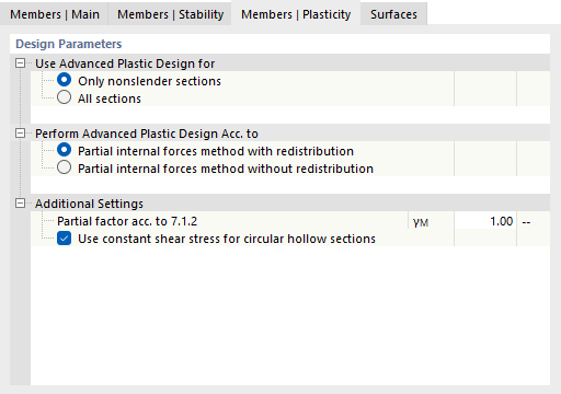 Tab "Members | Plasticity" for Steel Design