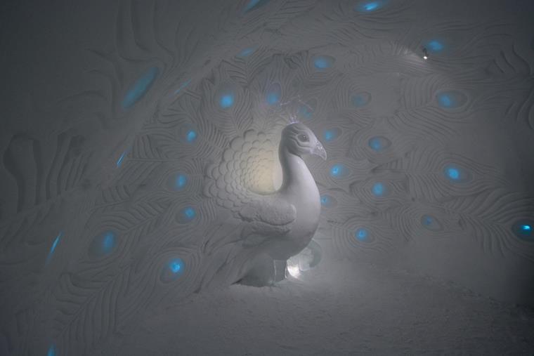 An impressive peacock made of ice at the Icehotel in Sweden, in an artistically designed hotel room.