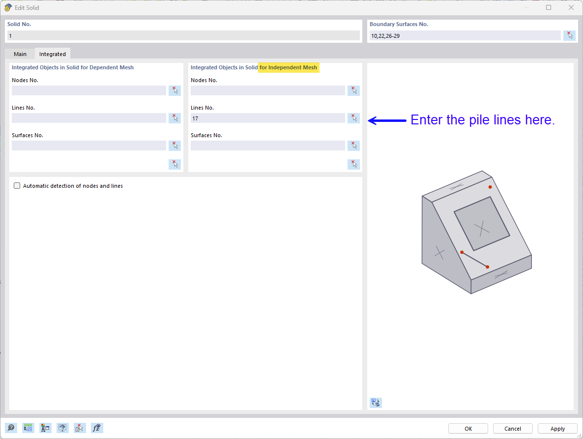 Display of the assignment of objects in a structural model for the independent meshing of piles.