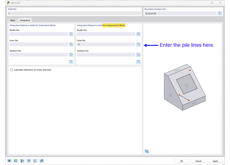 Display of the assignment of objects in a structural model for the independent meshing of piles.