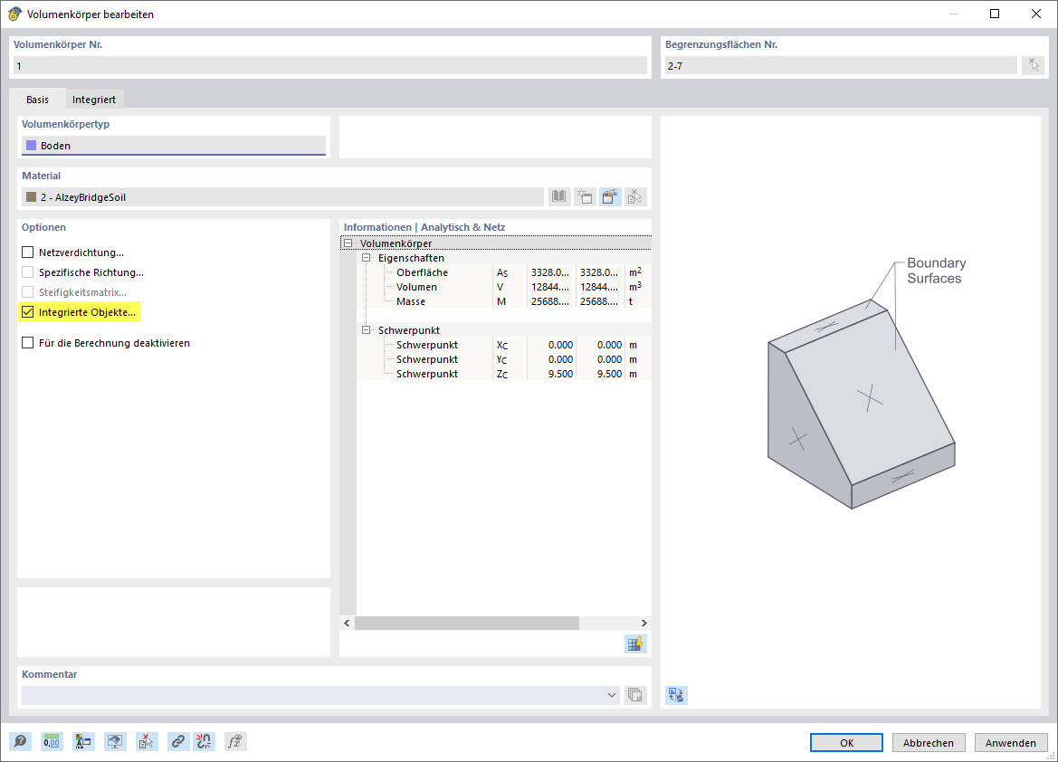 Solid with specifically integrated objects for determining the dependency of the meshing