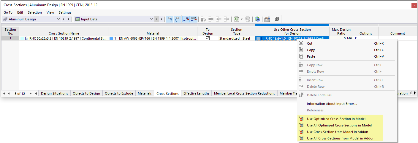 Shortcut menu with options for exporting or importing a cross-section