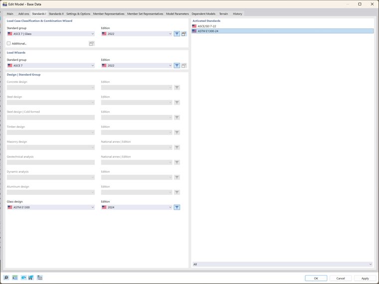 RFEM 6 interface displaying configuration of ASTM E1300-24 standard in basic data setup.