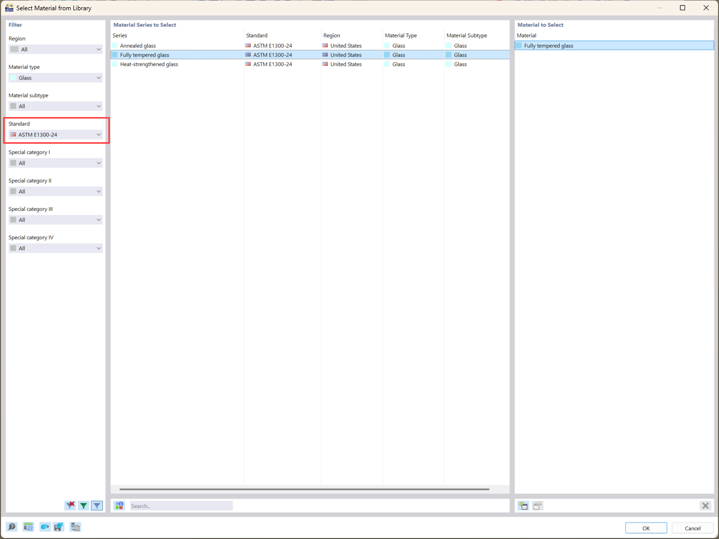 The RFEM 6 material library offers ASTM E1300-compliant glass materials meeting strength standards.