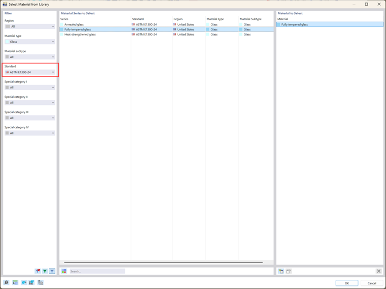 The RFEM 6 material library offers ASTM E1300-compliant glass materials meeting strength standards.