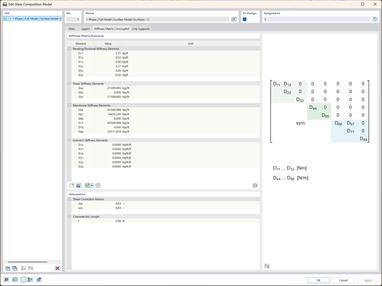 Laminated glass stiffness properties calculated using laminate theory shown in program interface.