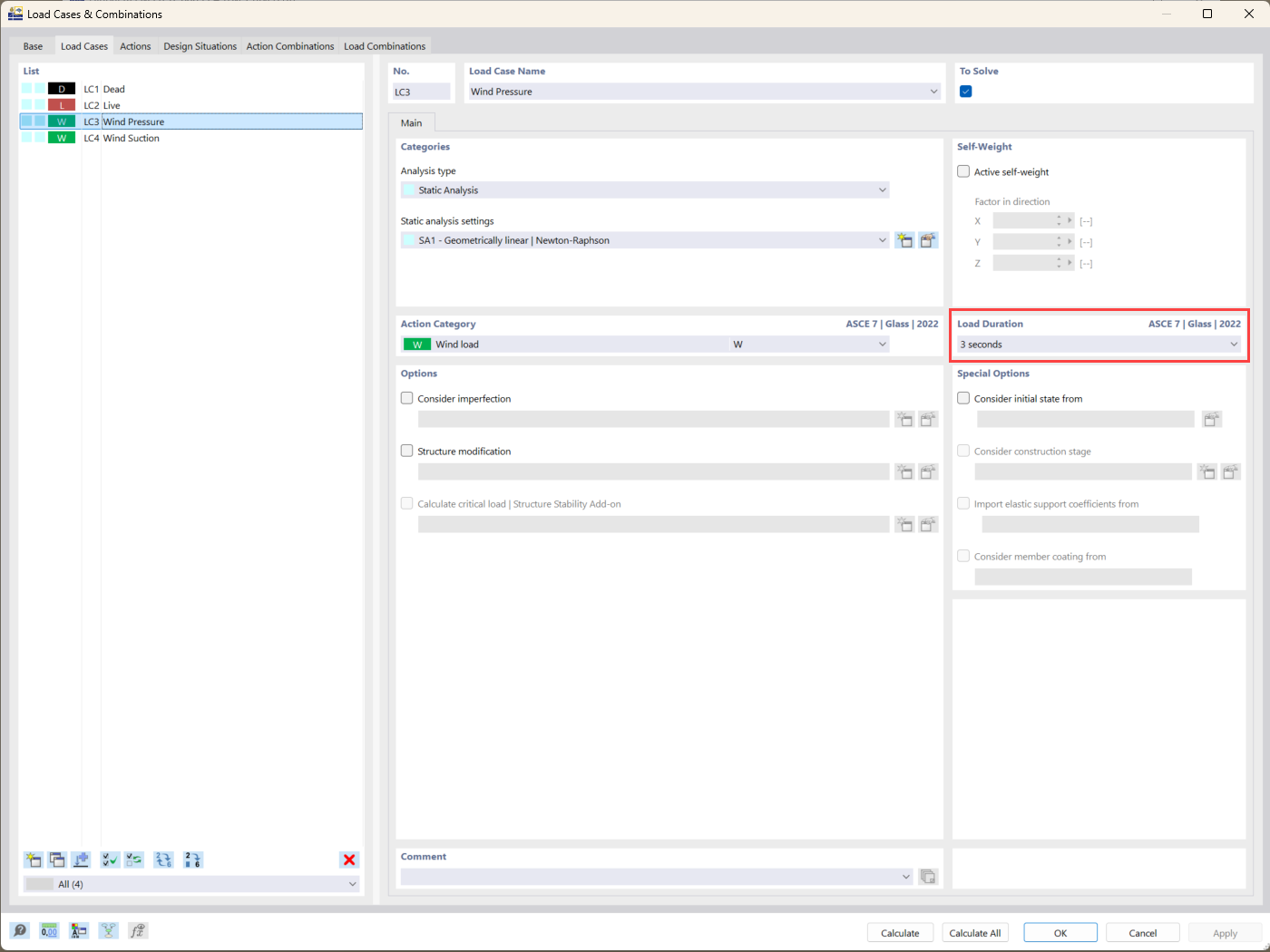 Visual representation of load duration factors in Glass Design within RFEM 6 for stress accuracy according to ASTM E1300-24.