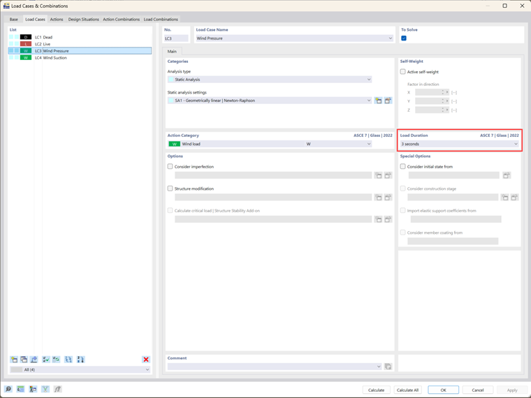Visual representation of load duration factors in Glass Design within RFEM 6 for stress accuracy according to ASTM E1300-24.