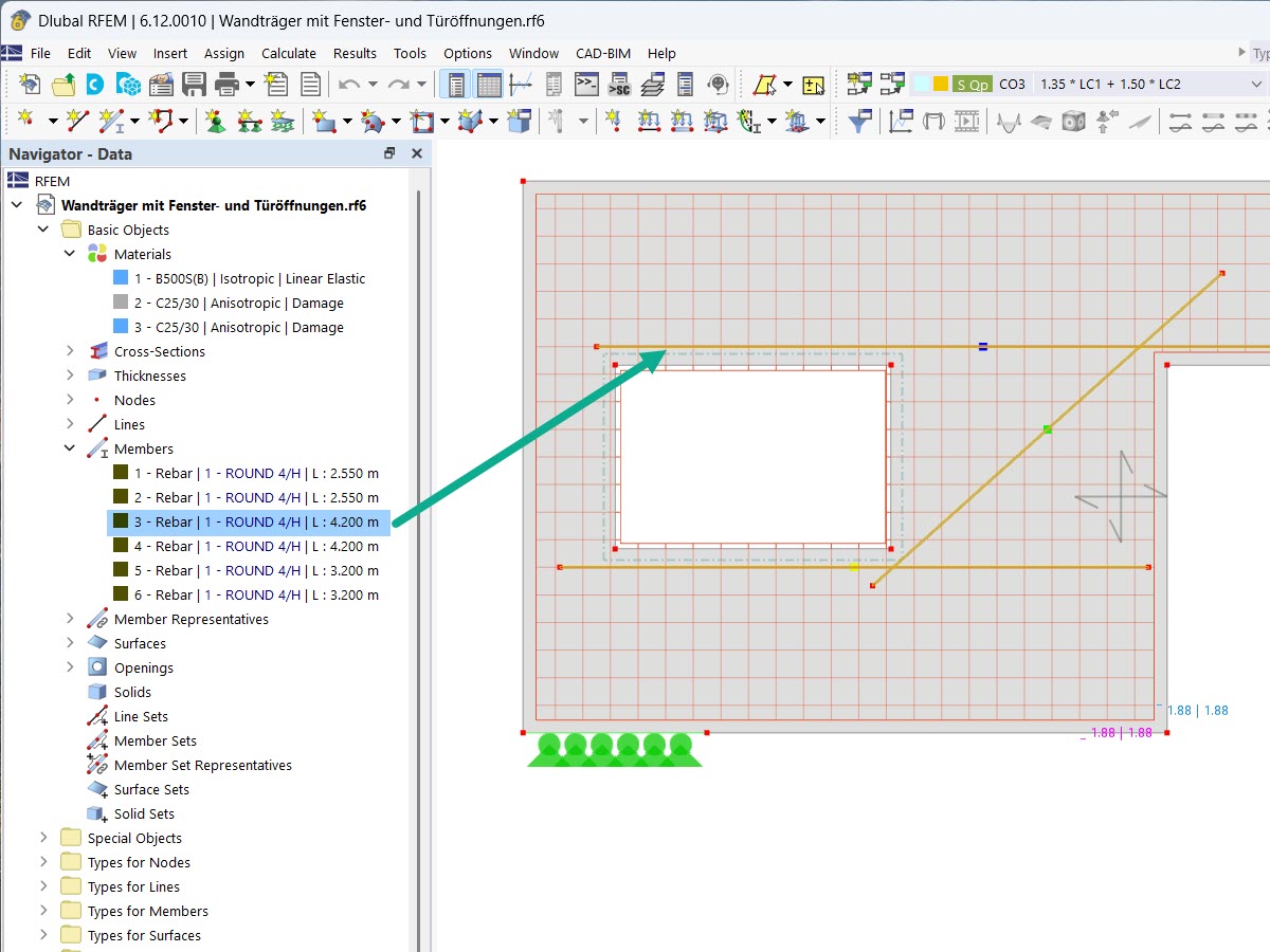 A rebar as a bar element within a surface element for simulating steel reinforcement.