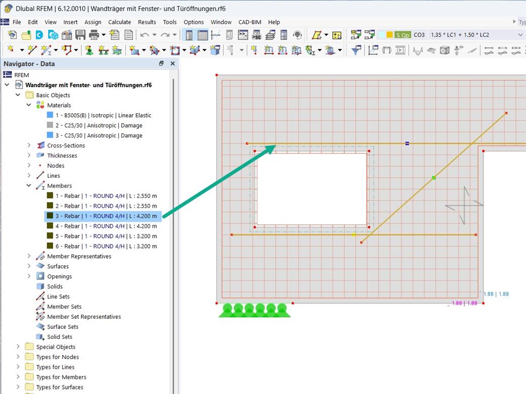 A rebar as a bar element within a surface element for simulating steel reinforcement.