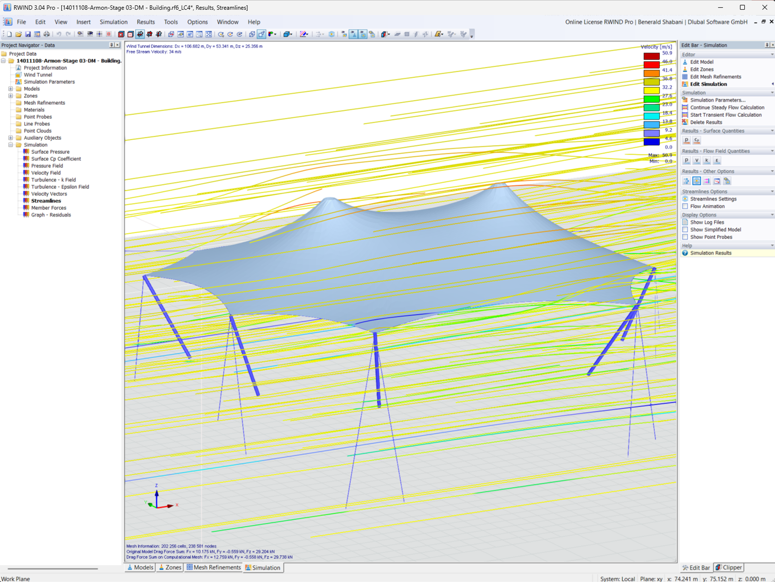 Simulation display of wind load on a large curved membrane structure in blue and red color pattern.
