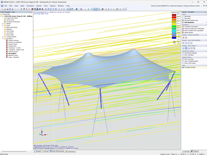 Simulation display of wind load on a large curved membrane structure in blue and red color pattern.