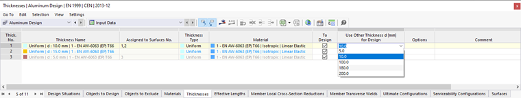 Selecting Different Thickness for Design