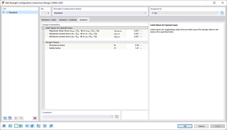 Dialog Box "Edit Strength Configuration", Tab "Surfaces"