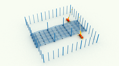 Visualized construction stage shows roof elements lying on the ground prior to installation.