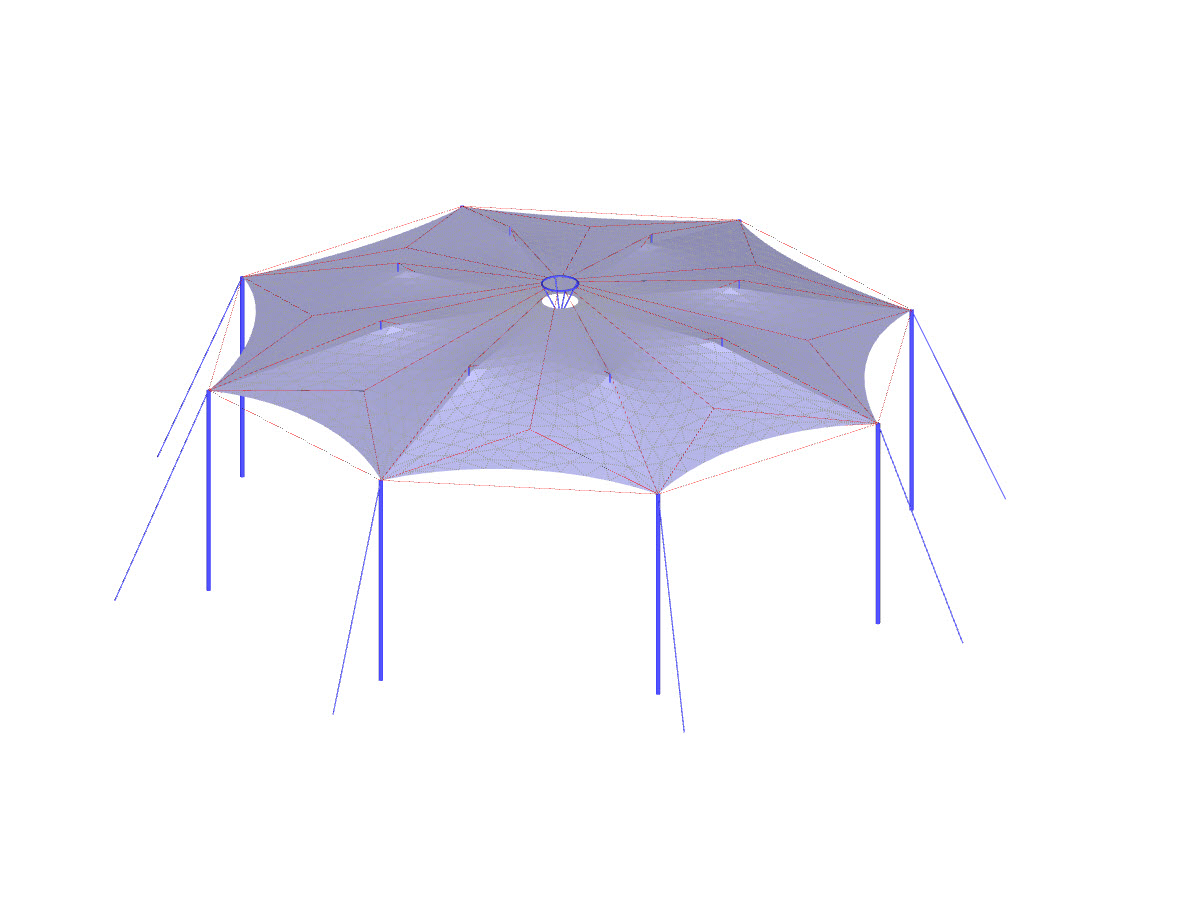 A detailed view of a cable dome, showcasing its tension and compression members in a structural analysis context.