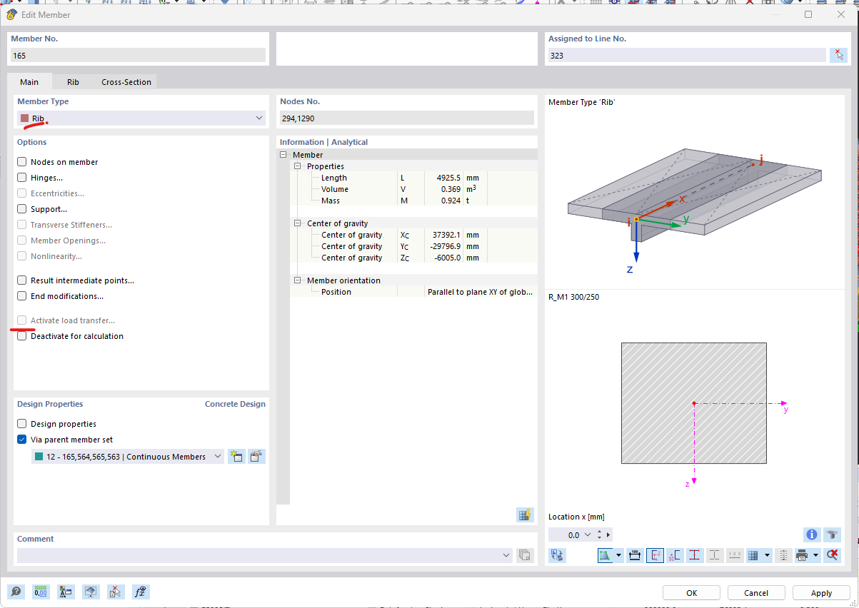 Setting the load transfer functions for ribs