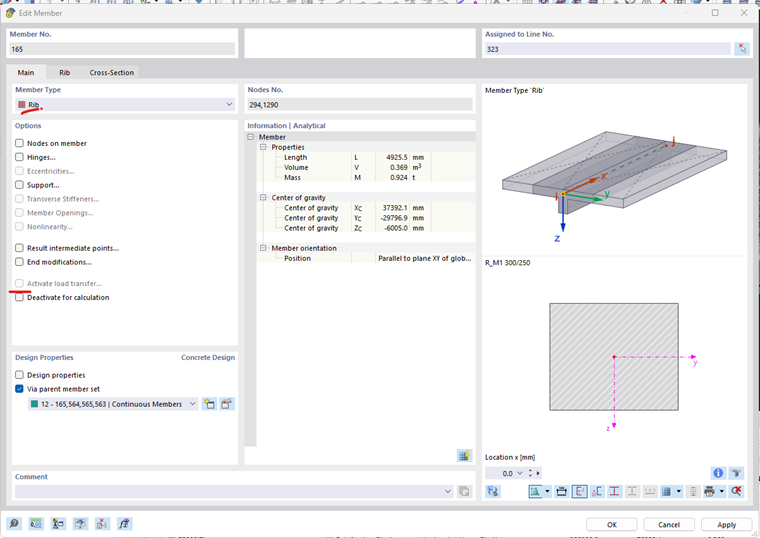 Setting the load transfer functions for ribs